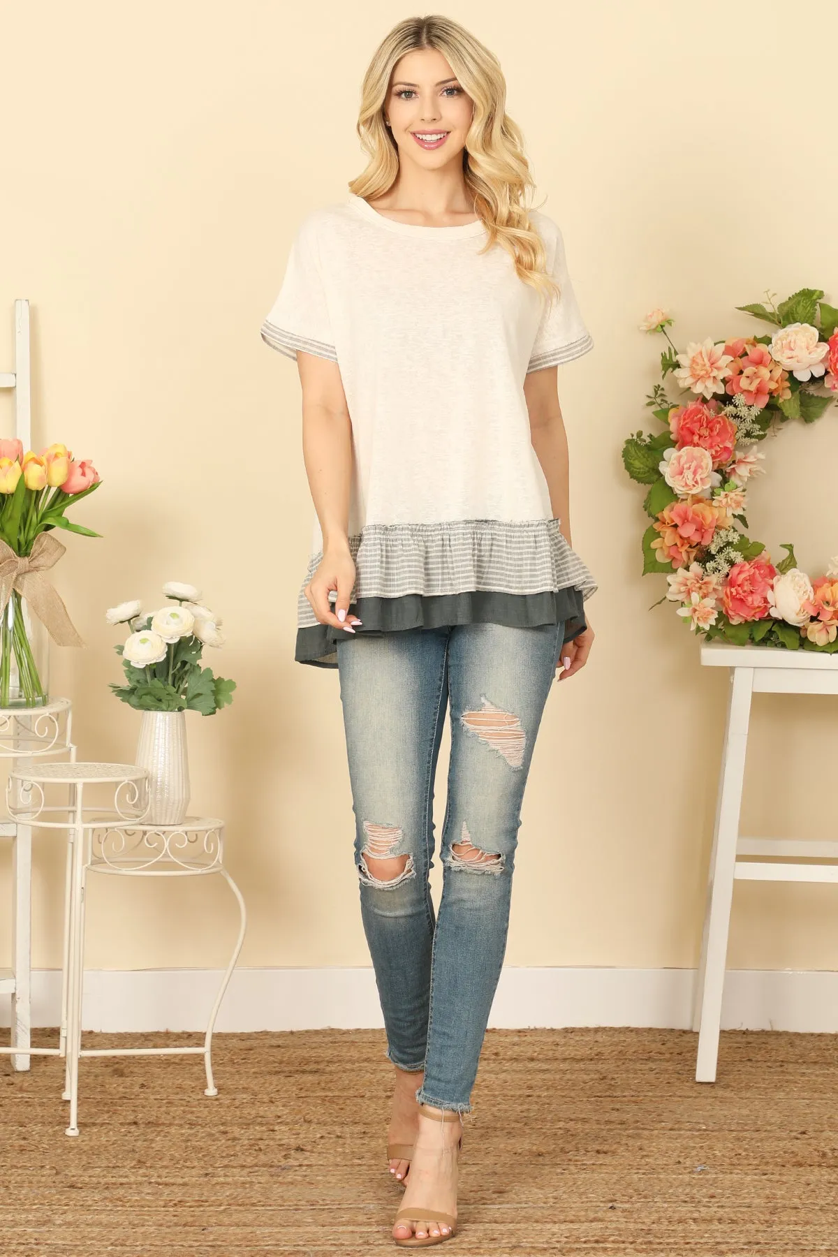 SHORT SLEEVE STRIPE LAYERED RUFFLE HEM TOP