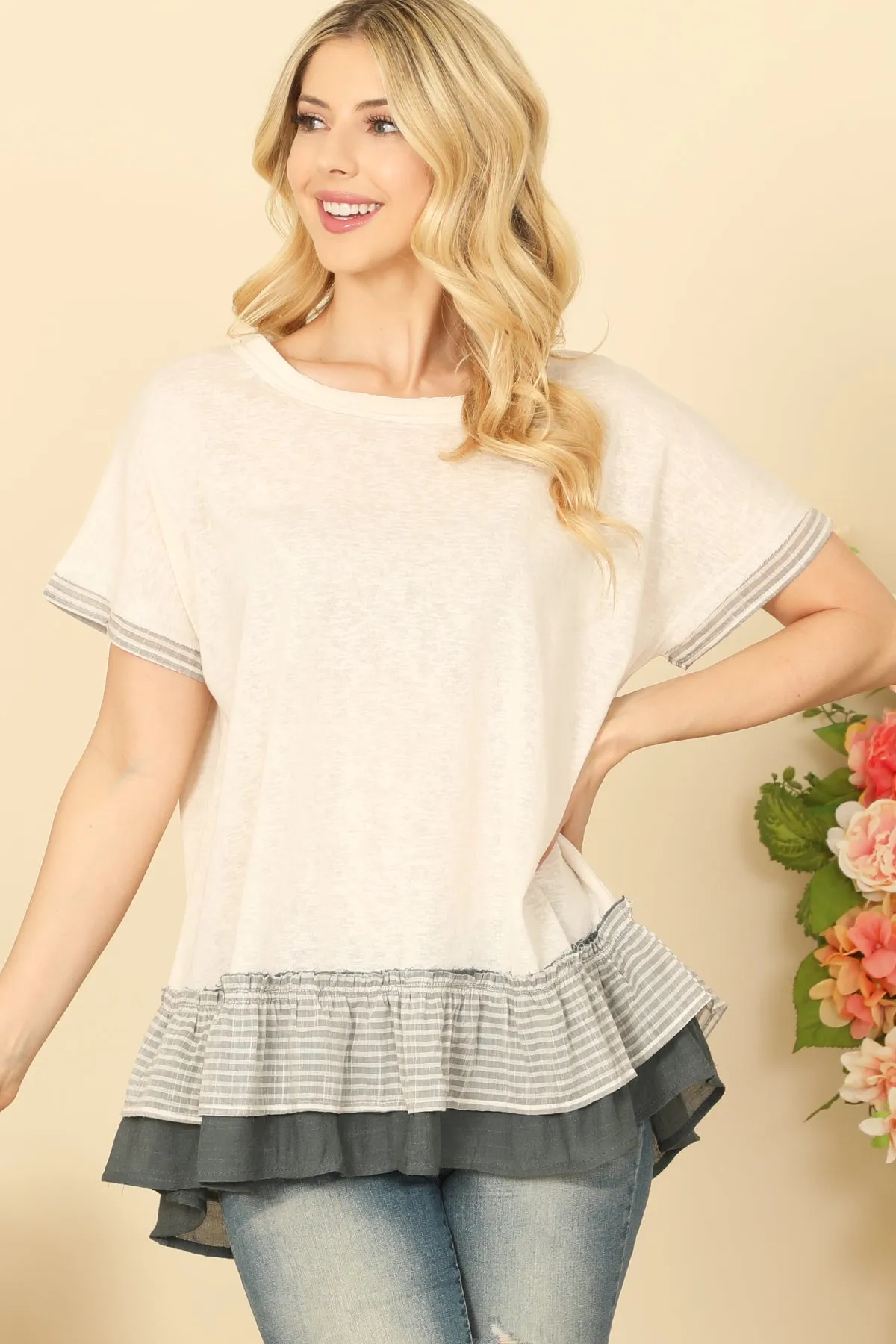 SHORT SLEEVE STRIPE LAYERED RUFFLE HEM TOP