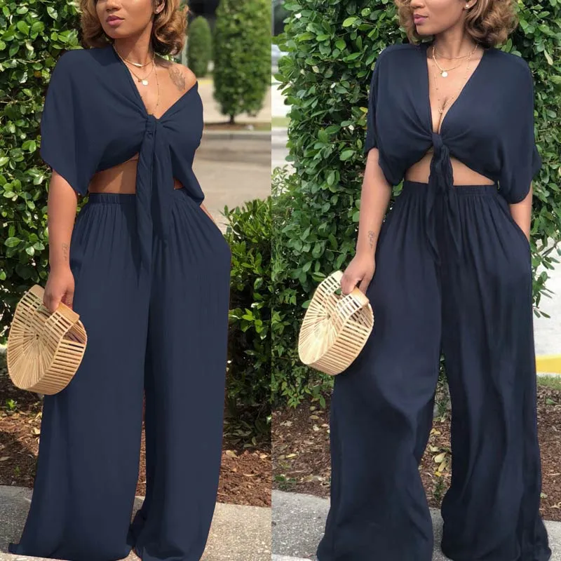 Solid Tied Crop Top & Wide Leg Pants Set
