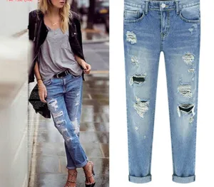 Spring Women Jeans Ripped Holes Fashion Straight Full Length Mid Waist Famale Washed Denim Pants Cotton Trousers