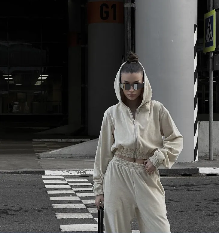 Street Style Long-Sleeve Hooded Zip-Up Jacket and Elastic Waist Pants Casual Two-Piece Set.W-240812-2