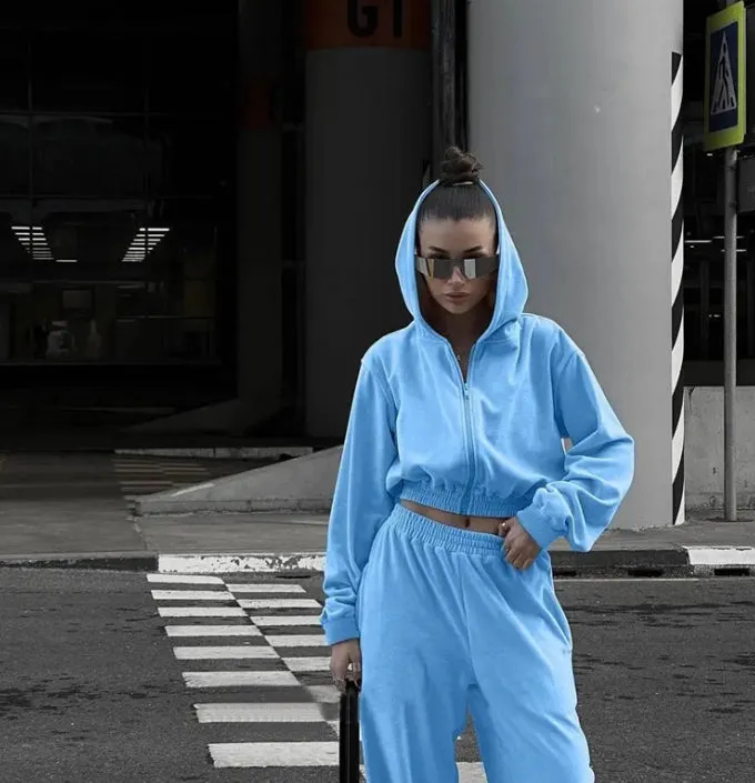Street Style Long-Sleeve Hooded Zip-Up Jacket and Elastic Waist Pants Casual Two-Piece Set.W-240812-2