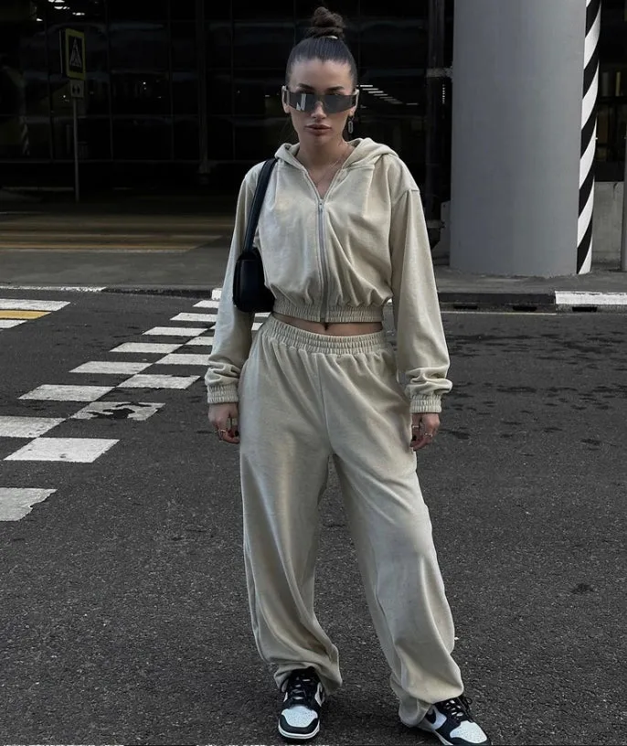Street Style Long-Sleeve Hooded Zip-Up Jacket and Elastic Waist Pants Casual Two-Piece Set.W-240812-2