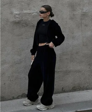 Street Style Long-Sleeve Hooded Zip-Up Jacket and Elastic Waist Pants Casual Two-Piece Set.W-240812-2