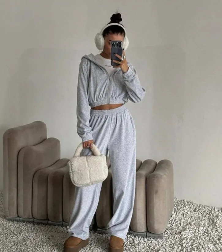 Street Style Long-Sleeve Hooded Zip-Up Jacket and Elastic Waist Pants Casual Two-Piece Set.W-240812-2