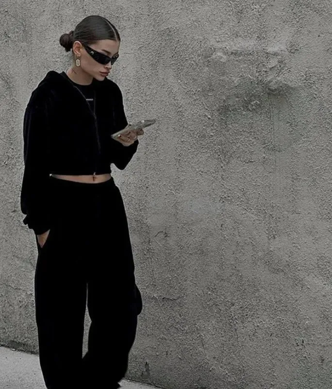 Street Style Long-Sleeve Hooded Zip-Up Jacket and Elastic Waist Pants Casual Two-Piece Set.W-240812-2