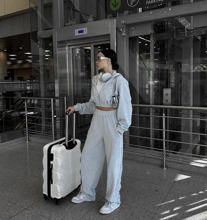 Street Style Long-Sleeve Hooded Zip-Up Jacket and Elastic Waist Pants Casual Two-Piece Set.W-240812-2