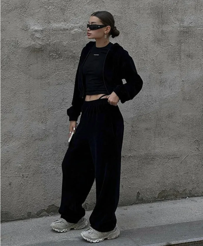 Street Style Long-Sleeve Hooded Zip-Up Jacket and Elastic Waist Pants Casual Two-Piece Set.W-240812-2
