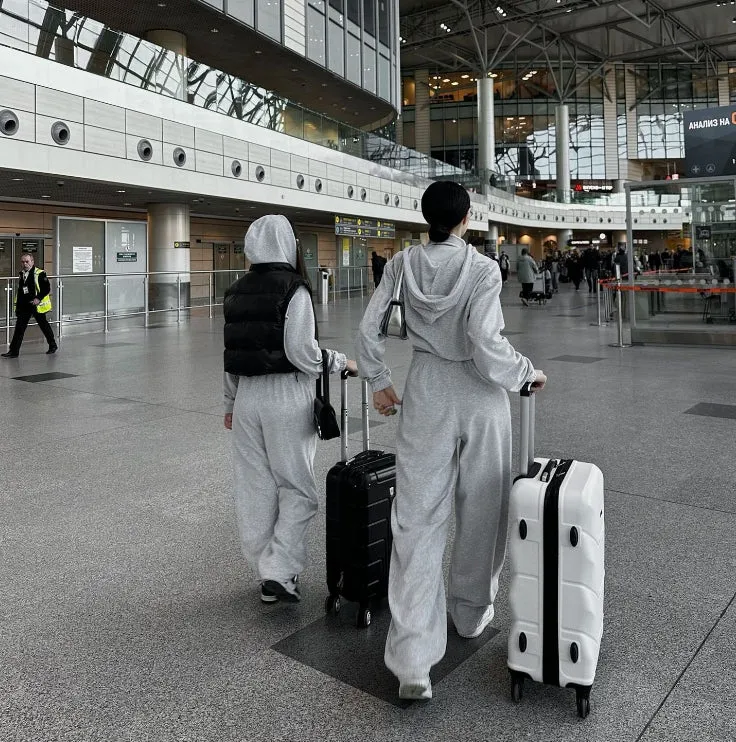 Street Style Long-Sleeve Hooded Zip-Up Jacket and Elastic Waist Pants Casual Two-Piece Set.W-240812-2