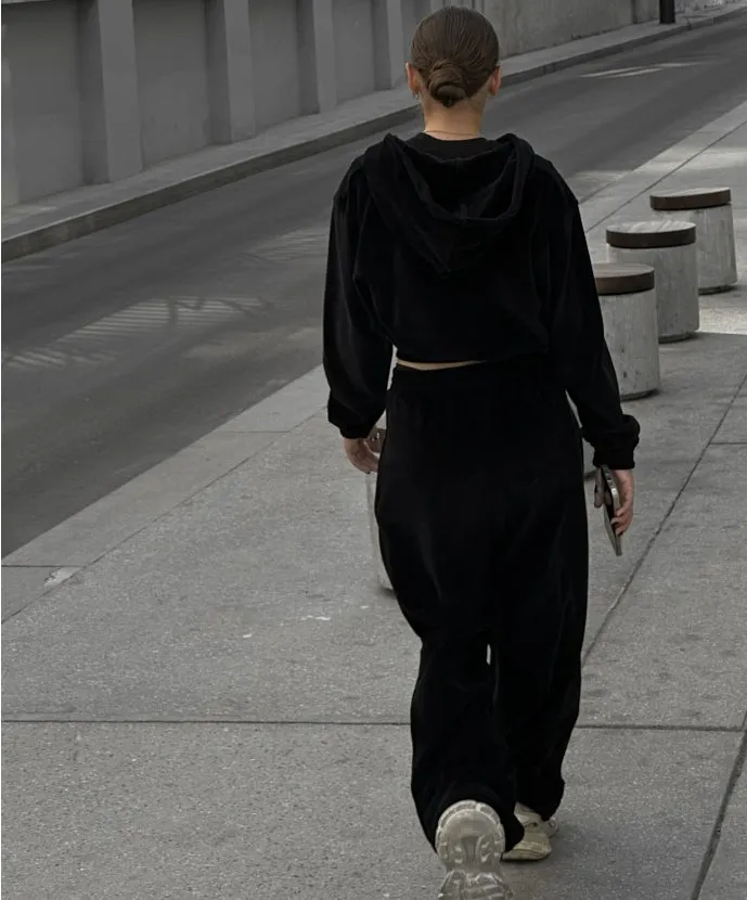 Street Style Long-Sleeve Hooded Zip-Up Jacket and Elastic Waist Pants Casual Two-Piece Set.W-240812-2
