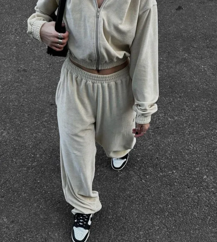 Street Style Long-Sleeve Hooded Zip-Up Jacket and Elastic Waist Pants Casual Two-Piece Set.W-240812-2