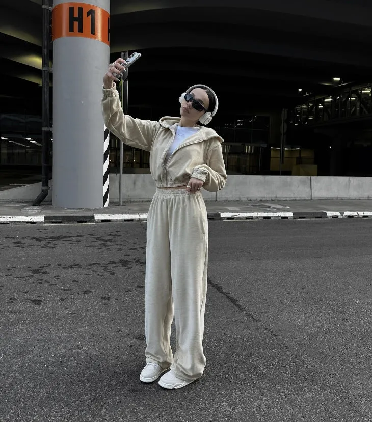 Street Style Long-Sleeve Hooded Zip-Up Jacket and Elastic Waist Pants Casual Two-Piece Set.W-240812-2