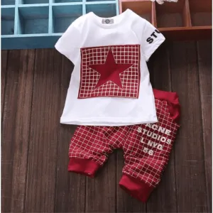 Summer and Autumn Five Star Children's Girls Boys Short Sleeve Summer Set Sports Two-Piece Set