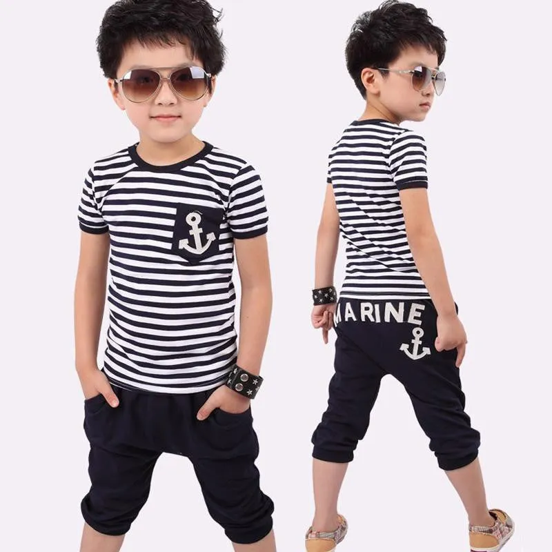 Summer Kids Clothes Navy Short Sleeve Pullover Striped Sports Suit Casual Boys Clothing set