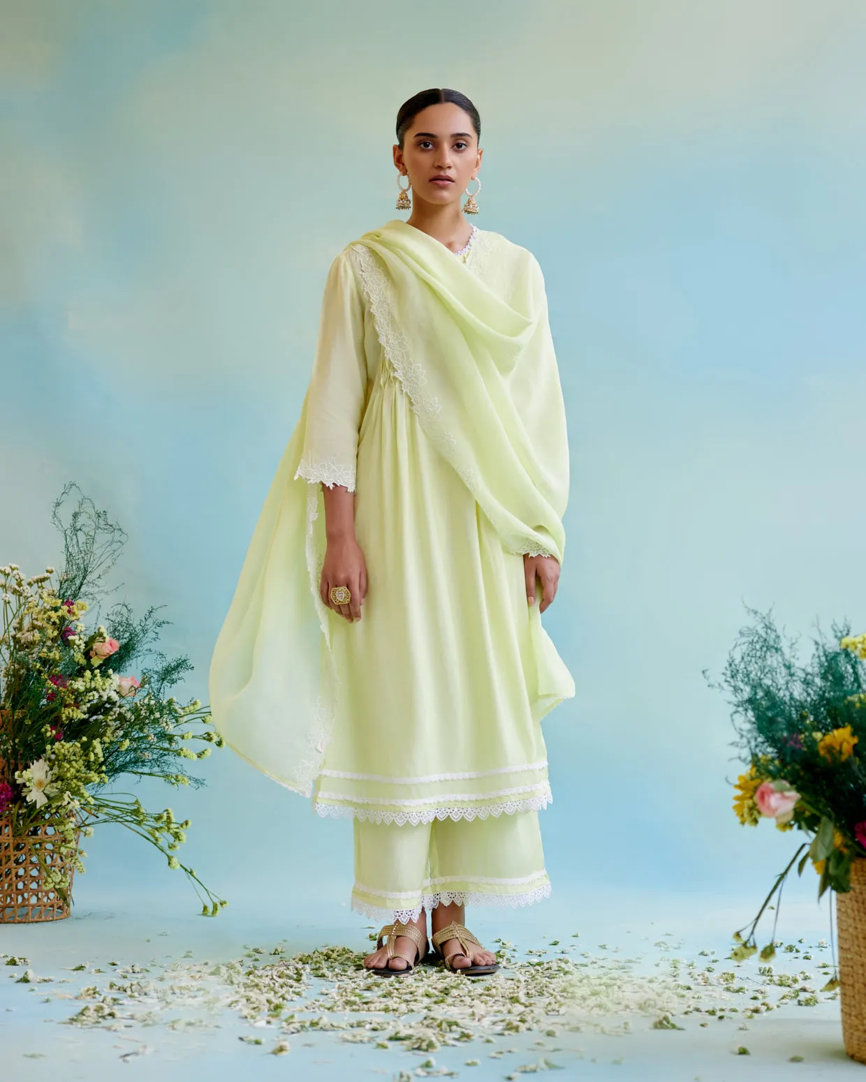 Sunny Lime Pearl Kurta in Silky Modal with Wide Leg Pants