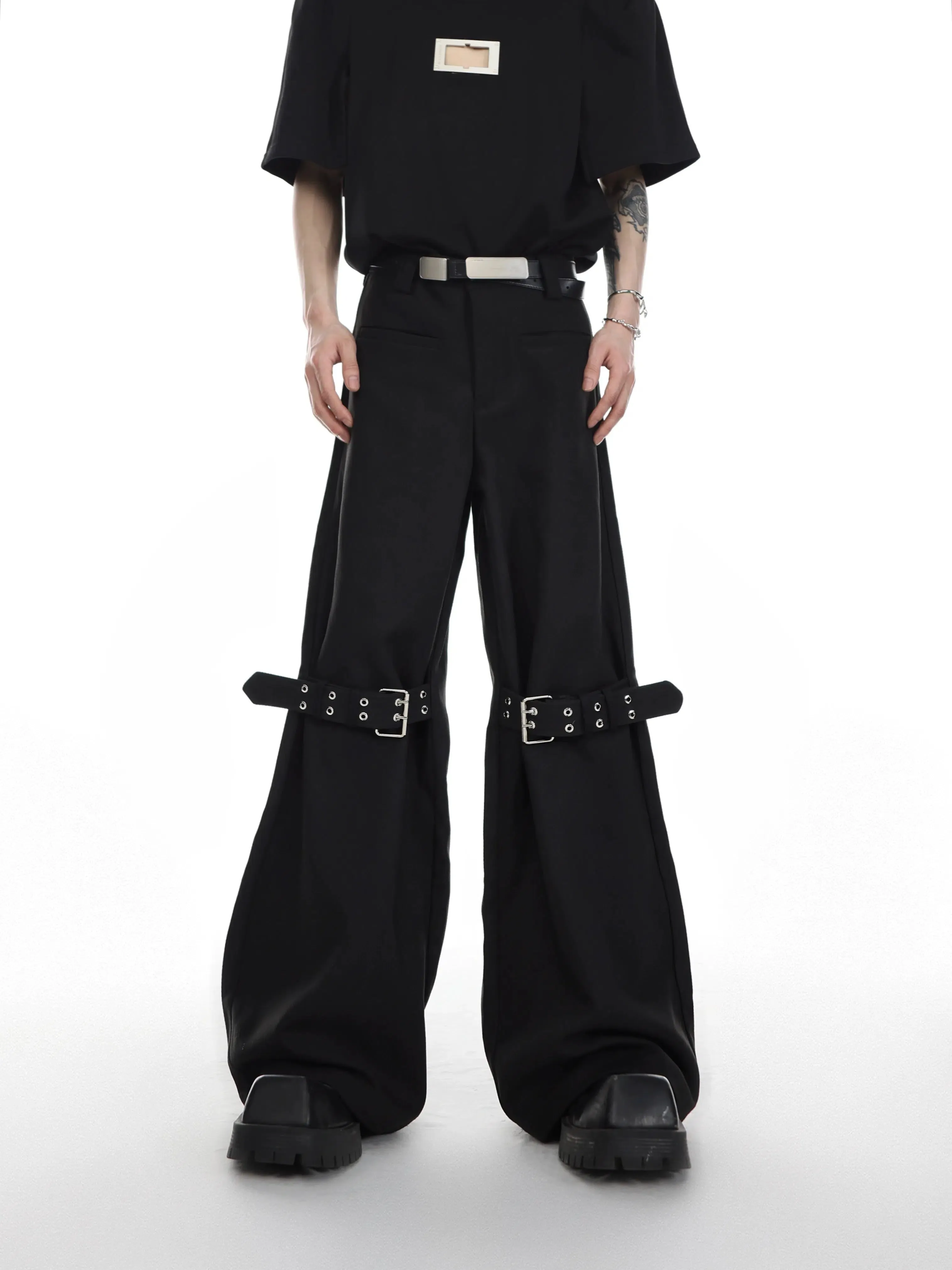 Texture Twill Tie-back Flared Pants