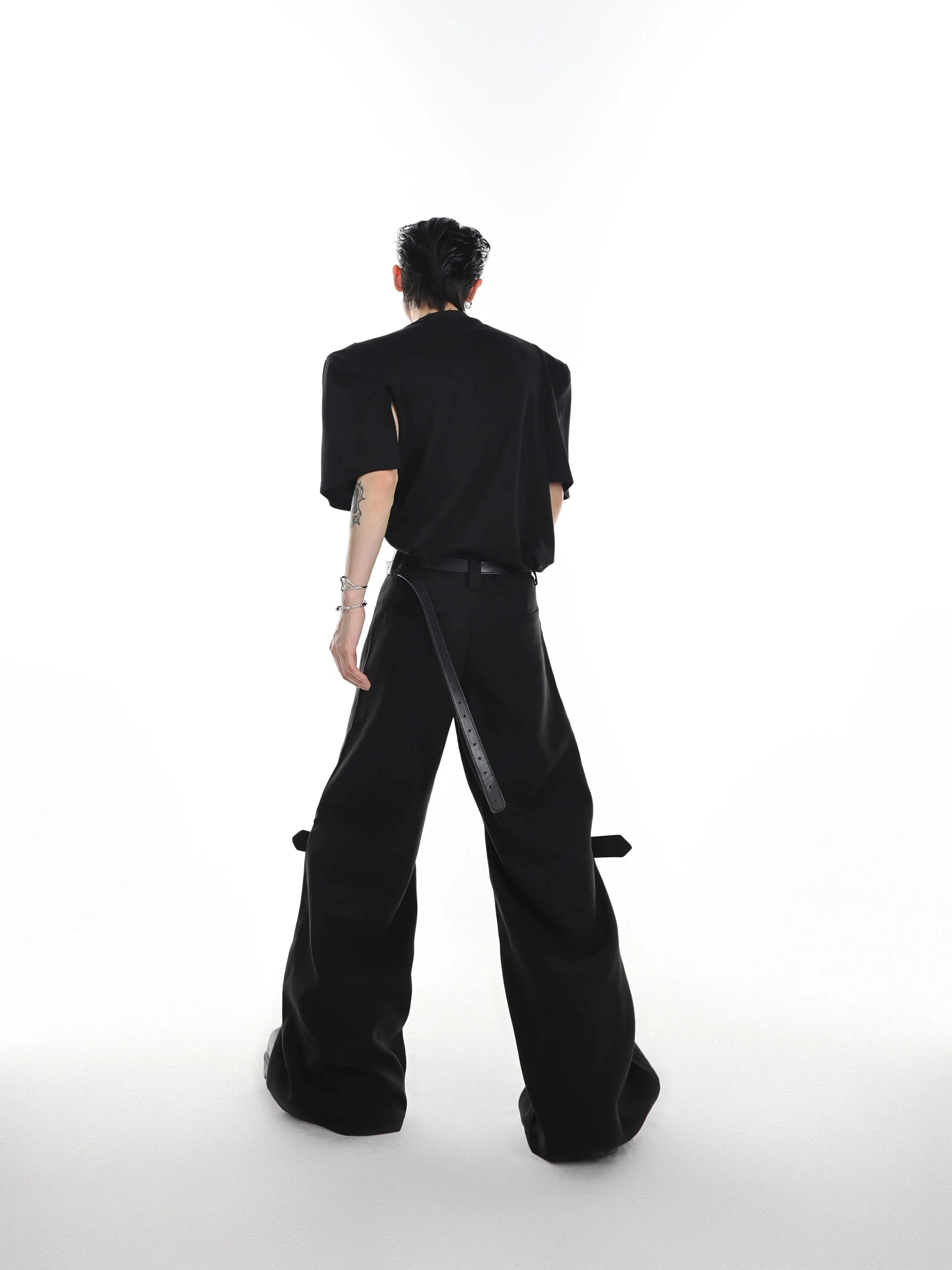 Texture Twill Tie-back Flared Pants