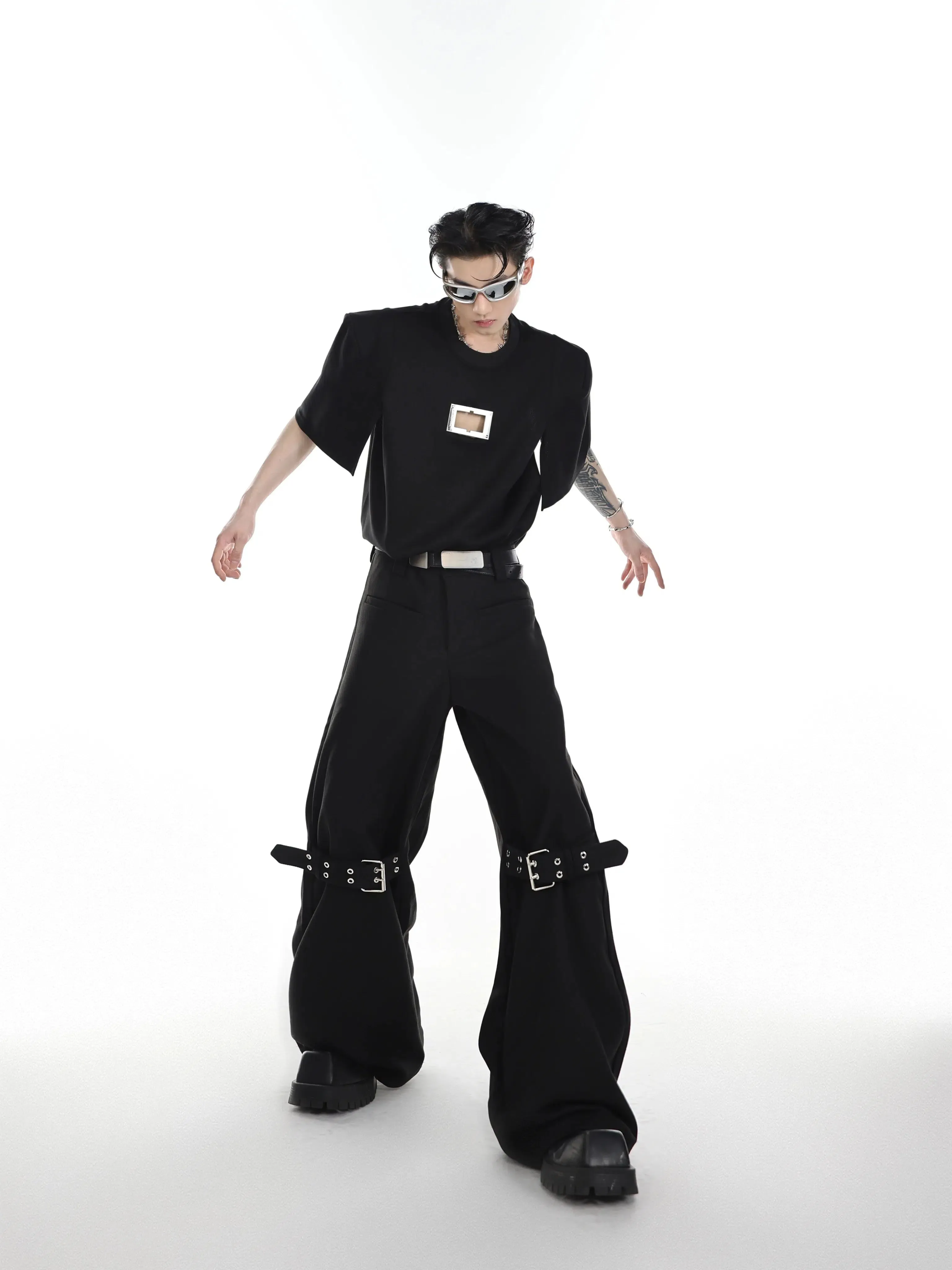 Texture Twill Tie-back Flared Pants