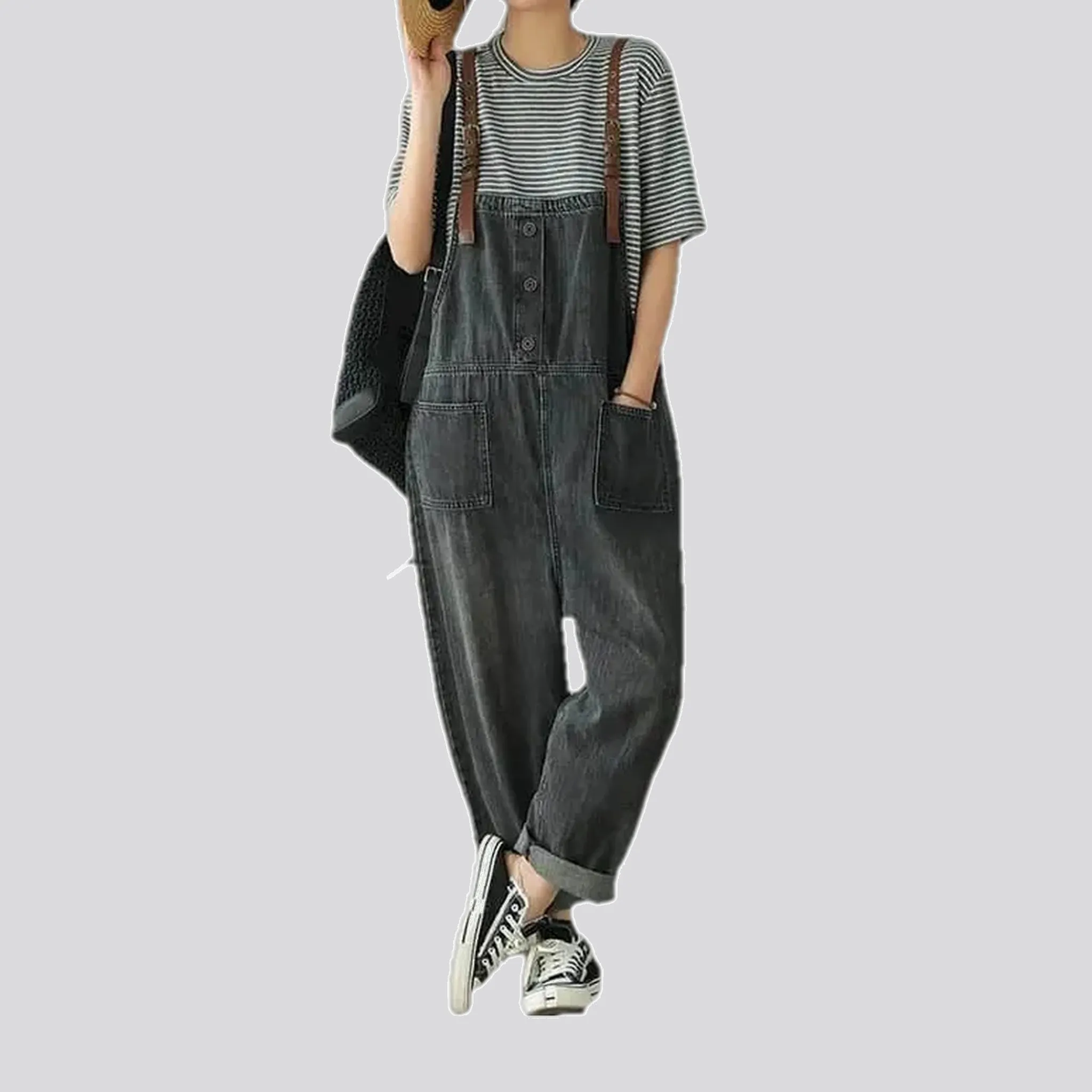 Trendy baggy retro denim bib for ladies