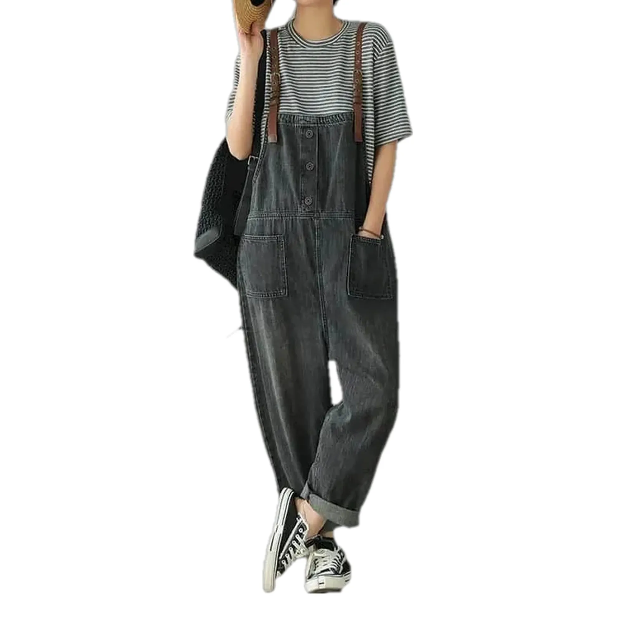 Trendy baggy retro denim bib for ladies