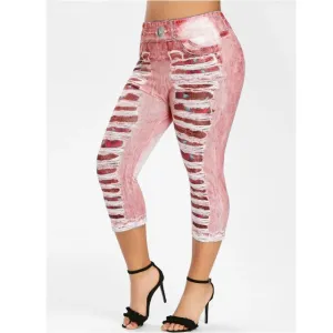 WEPBEL Women Leggings Elastic Waist Denim-like Fabric Patch Leggings Slim Printed Women's Trousers Fashion Summer