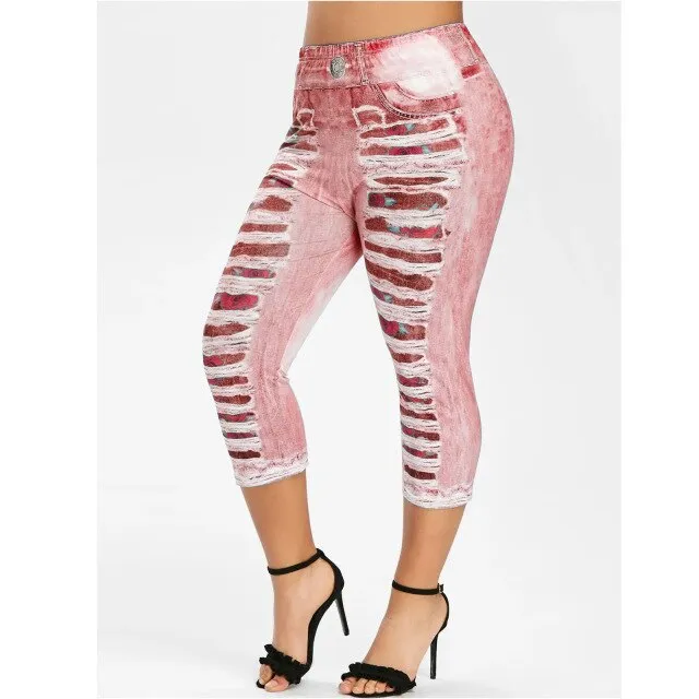 WEPBEL Women Leggings Elastic Waist Denim-like Fabric Patch Leggings Slim Printed Women's Trousers Fashion Summer