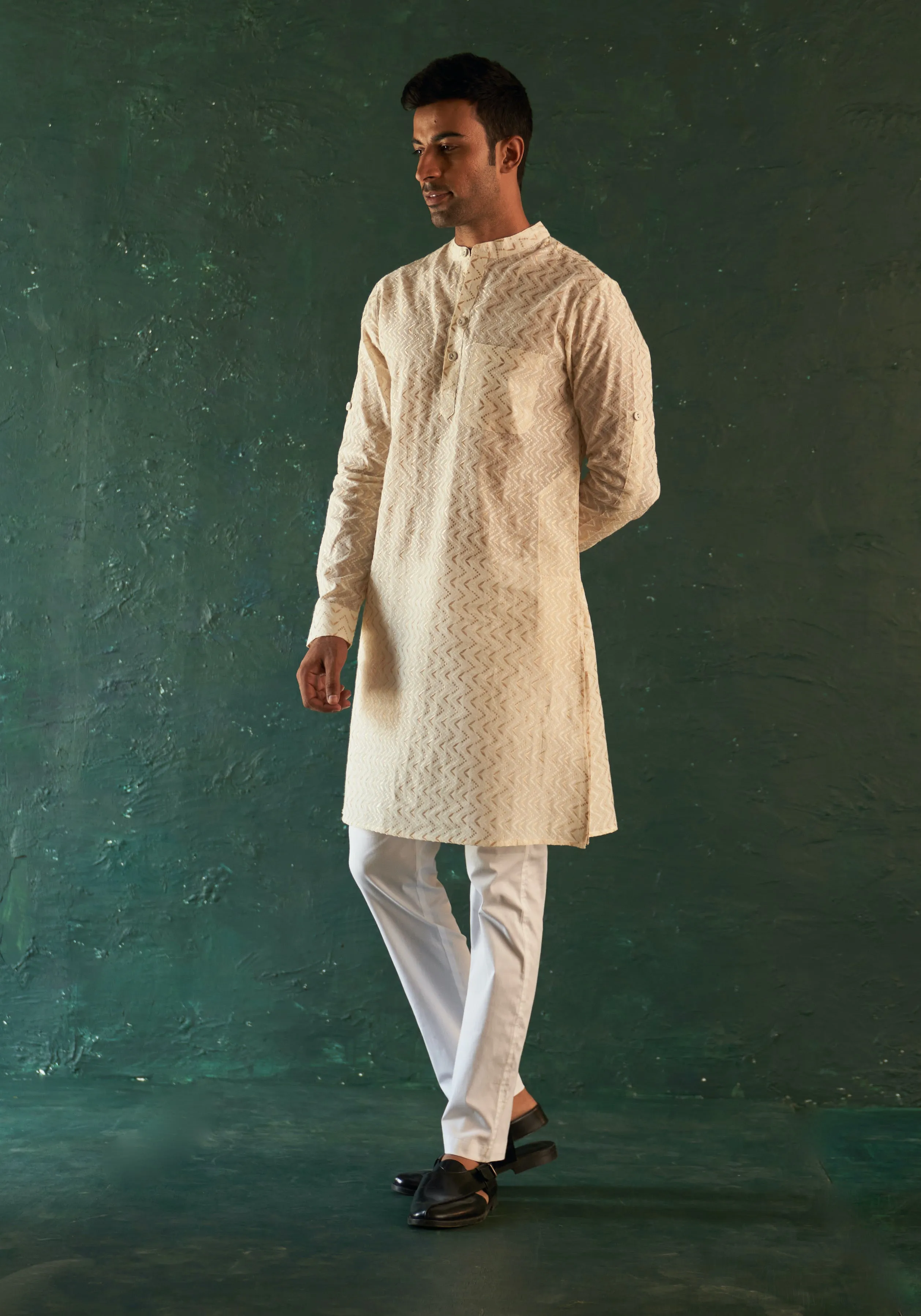 White straight kurta and nehru jacket set