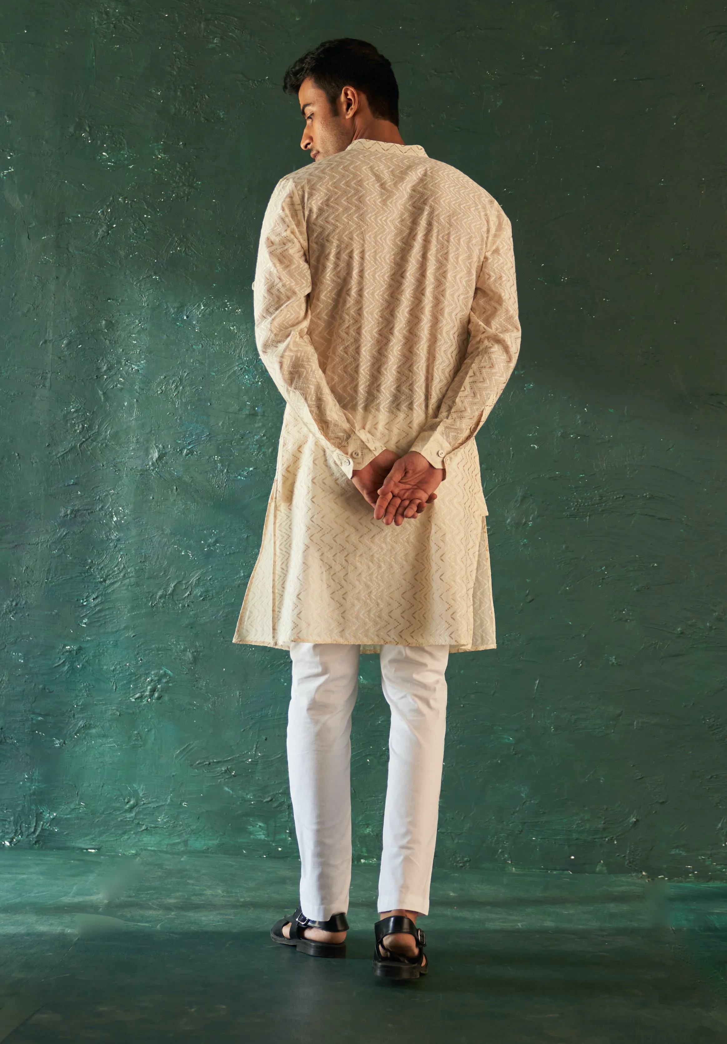 White straight kurta and nehru jacket set