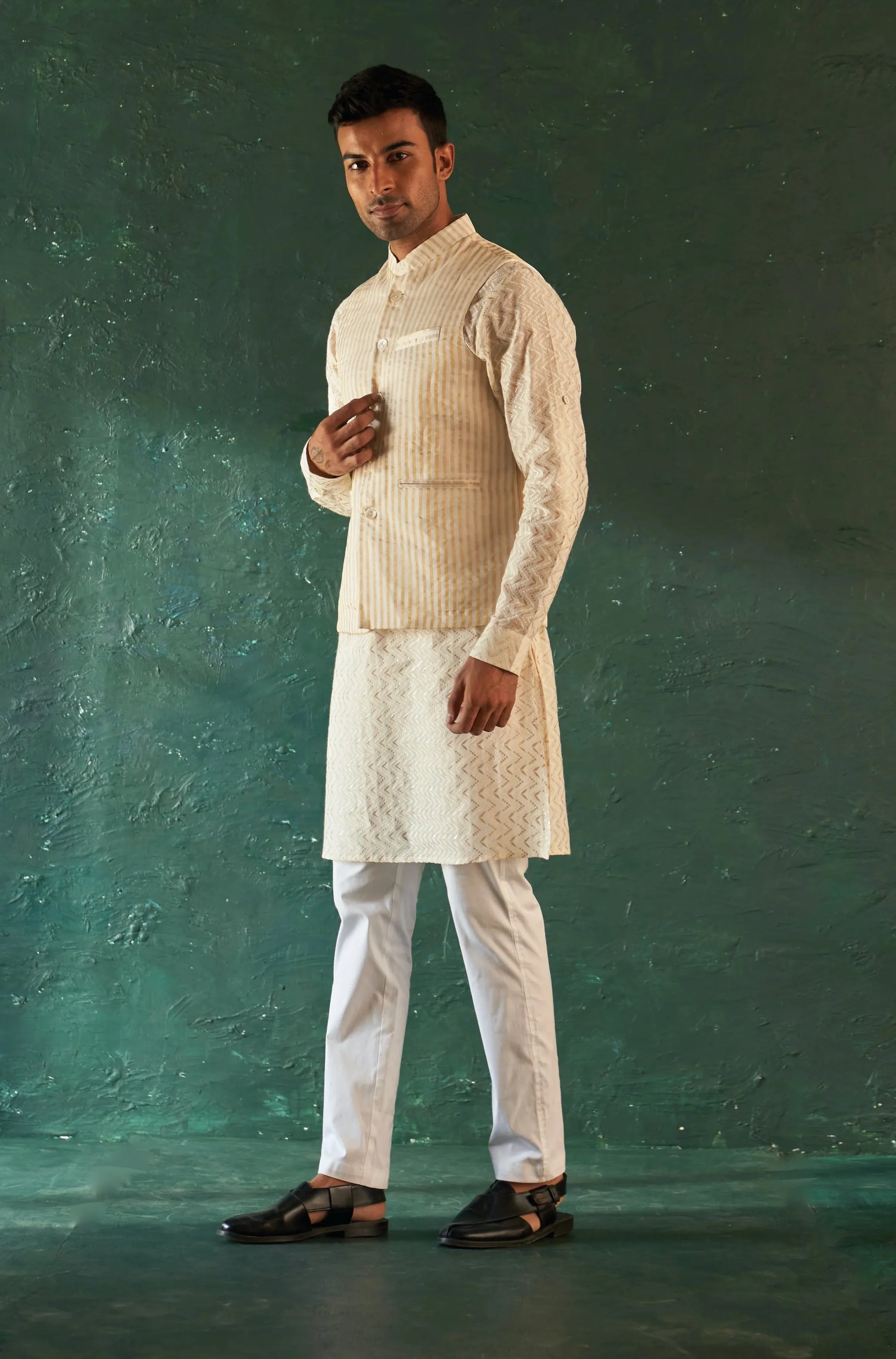 White straight kurta and nehru jacket set