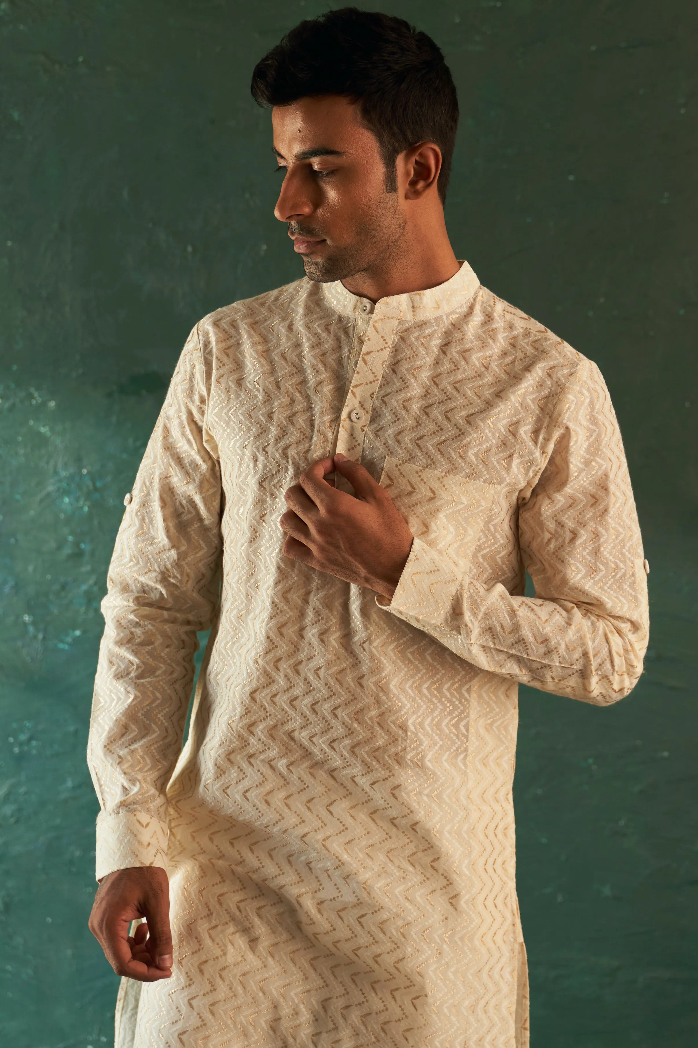 White straight kurta and nehru jacket set