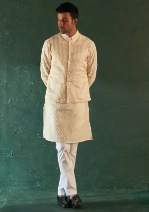 White straight kurta and nehru jacket set