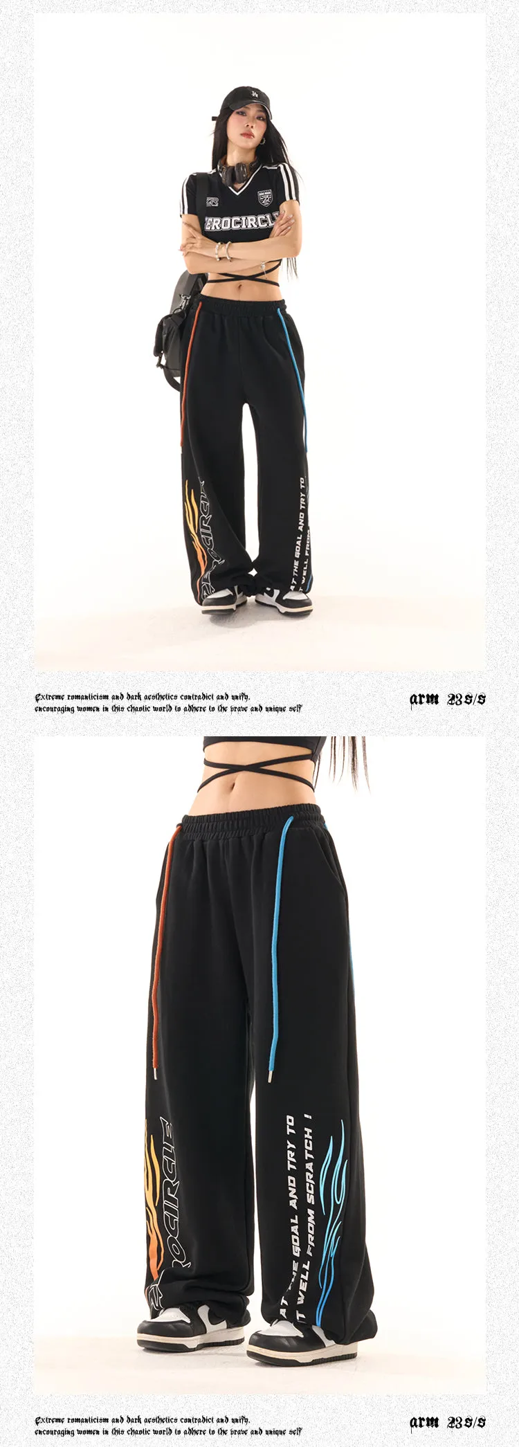 Zerocircle Black Wide-Leg Graphic Image Design High Waist Straight Leg Baggy Sweat Pants