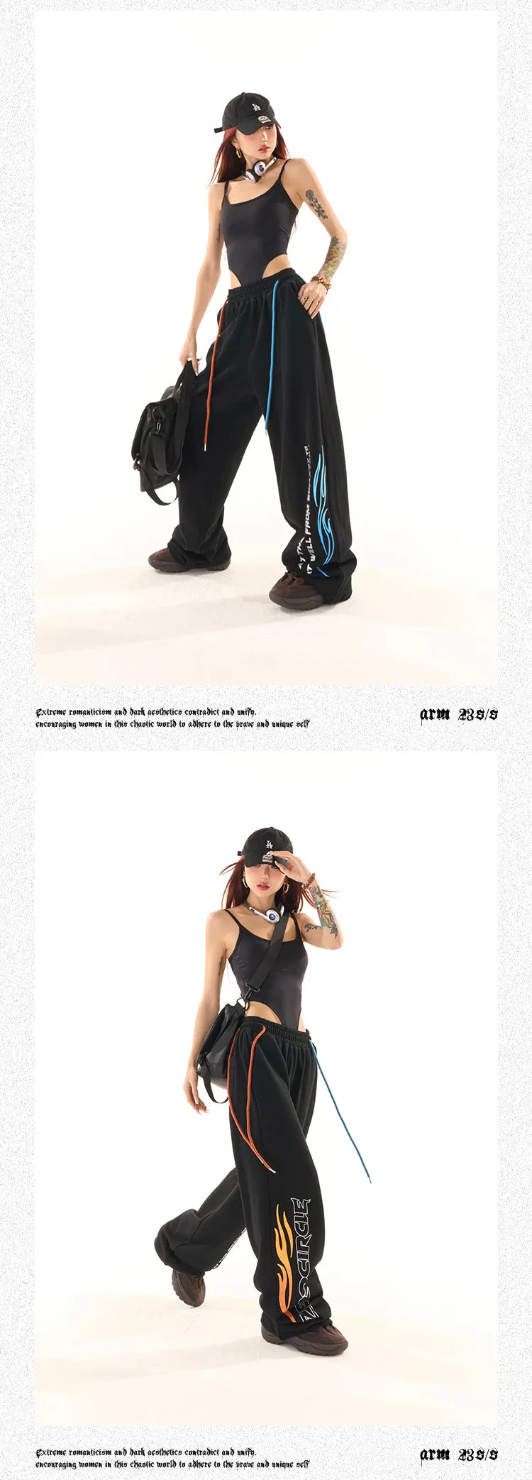 Zerocircle Black Wide-Leg Graphic Image Design High Waist Straight Leg Baggy Sweat Pants