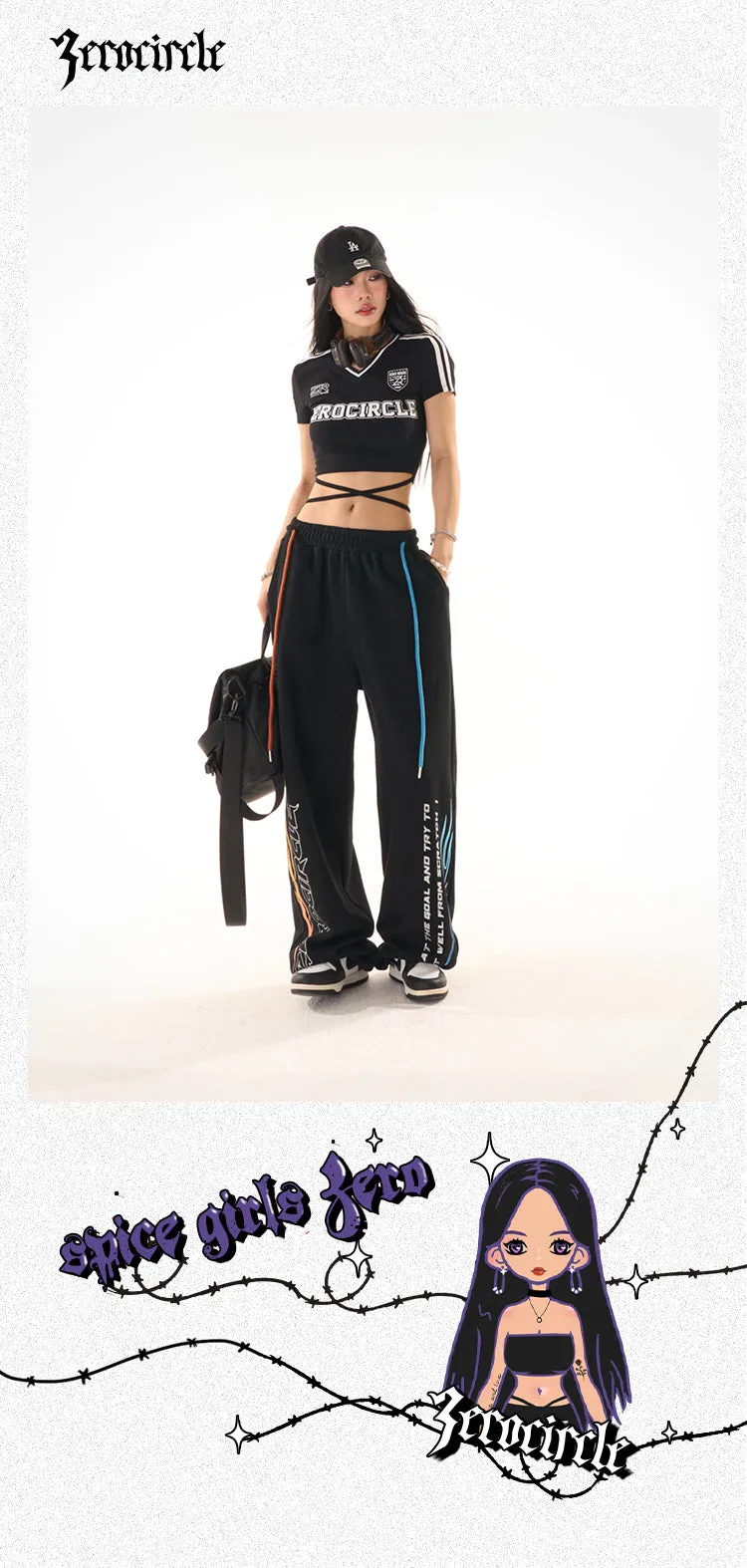 Zerocircle Black Wide-Leg Graphic Image Design High Waist Straight Leg Baggy Sweat Pants