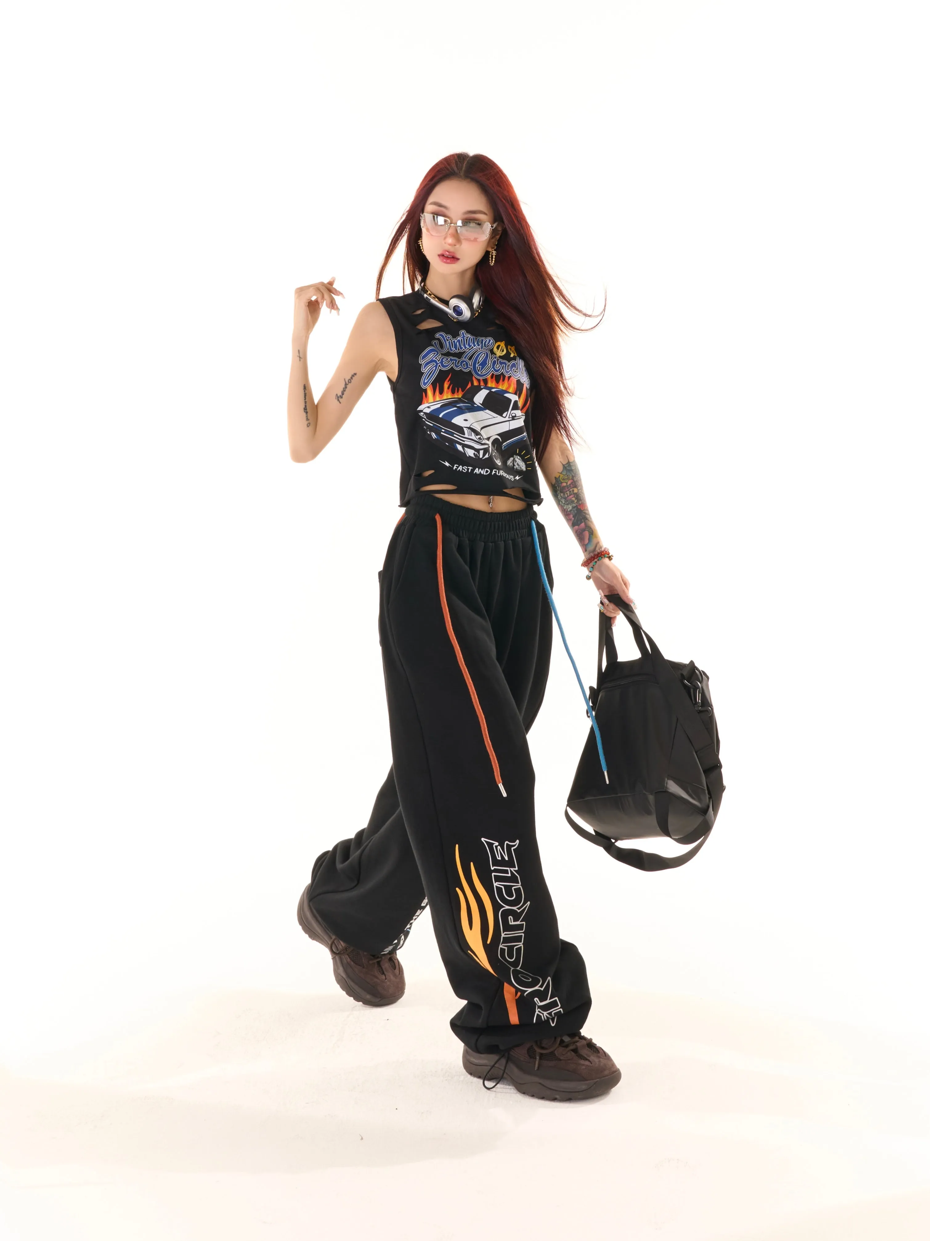 Zerocircle Black Wide-Leg Graphic Image Design High Waist Straight Leg Baggy Sweat Pants