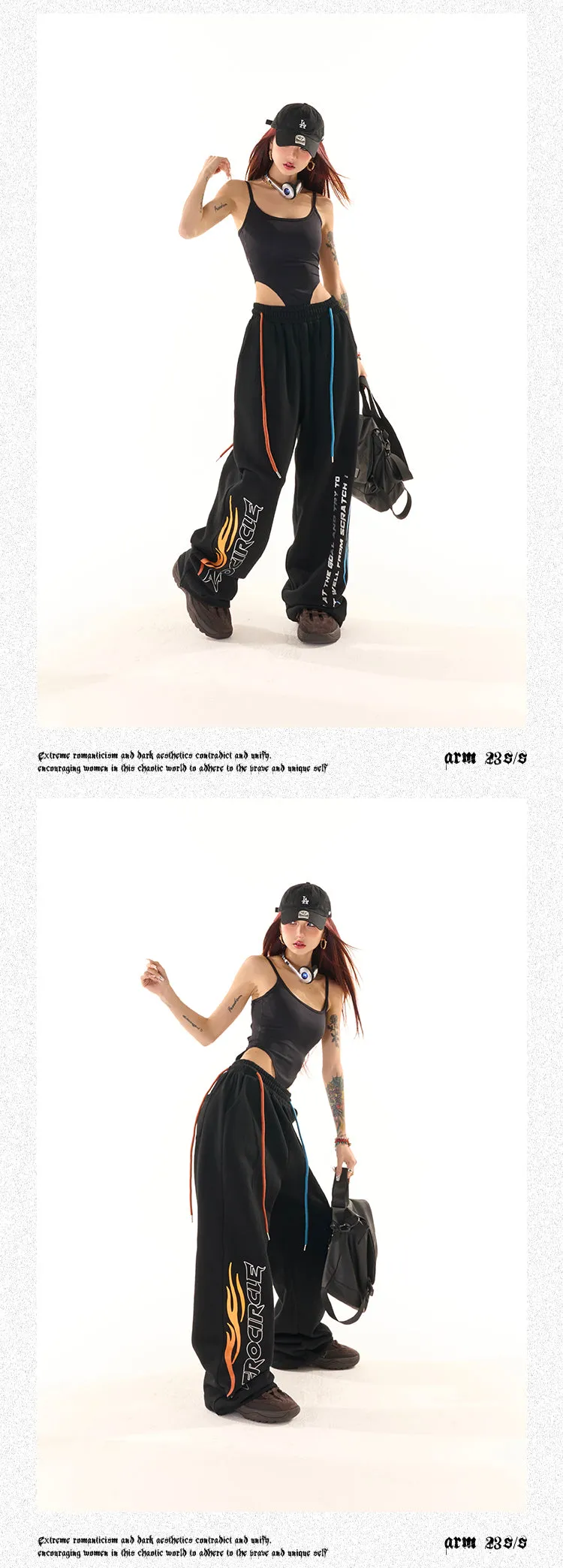 Zerocircle Black Wide-Leg Graphic Image Design High Waist Straight Leg Baggy Sweat Pants