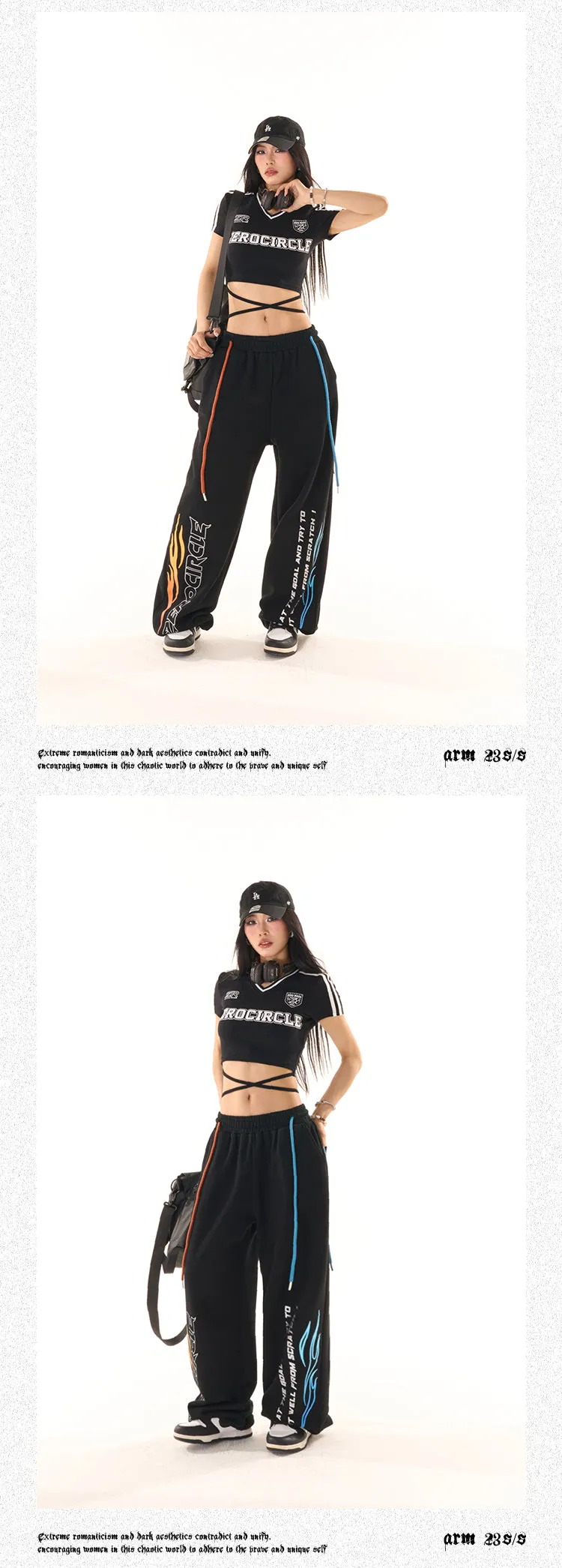 Zerocircle Black Wide-Leg Graphic Image Design High Waist Straight Leg Baggy Sweat Pants