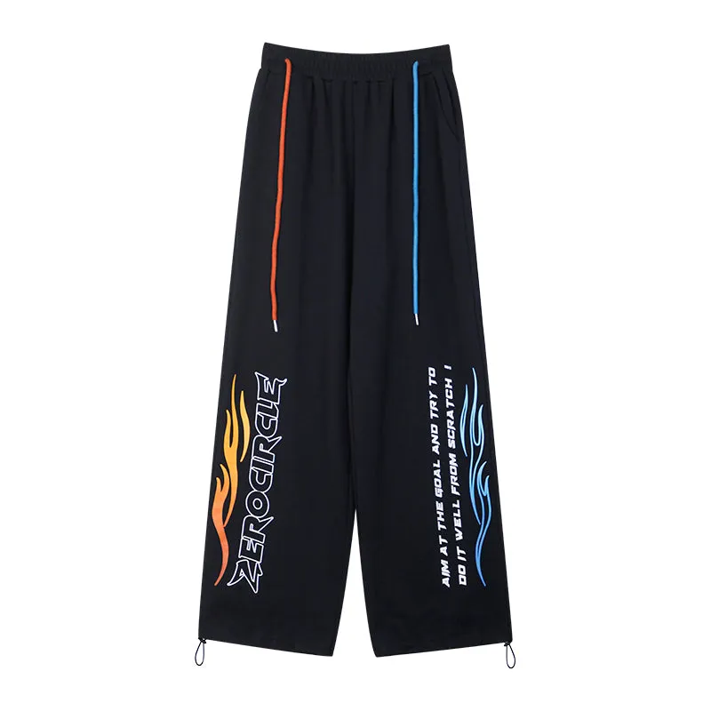 Zerocircle Black Wide-Leg Graphic Image Design High Waist Straight Leg Baggy Sweat Pants