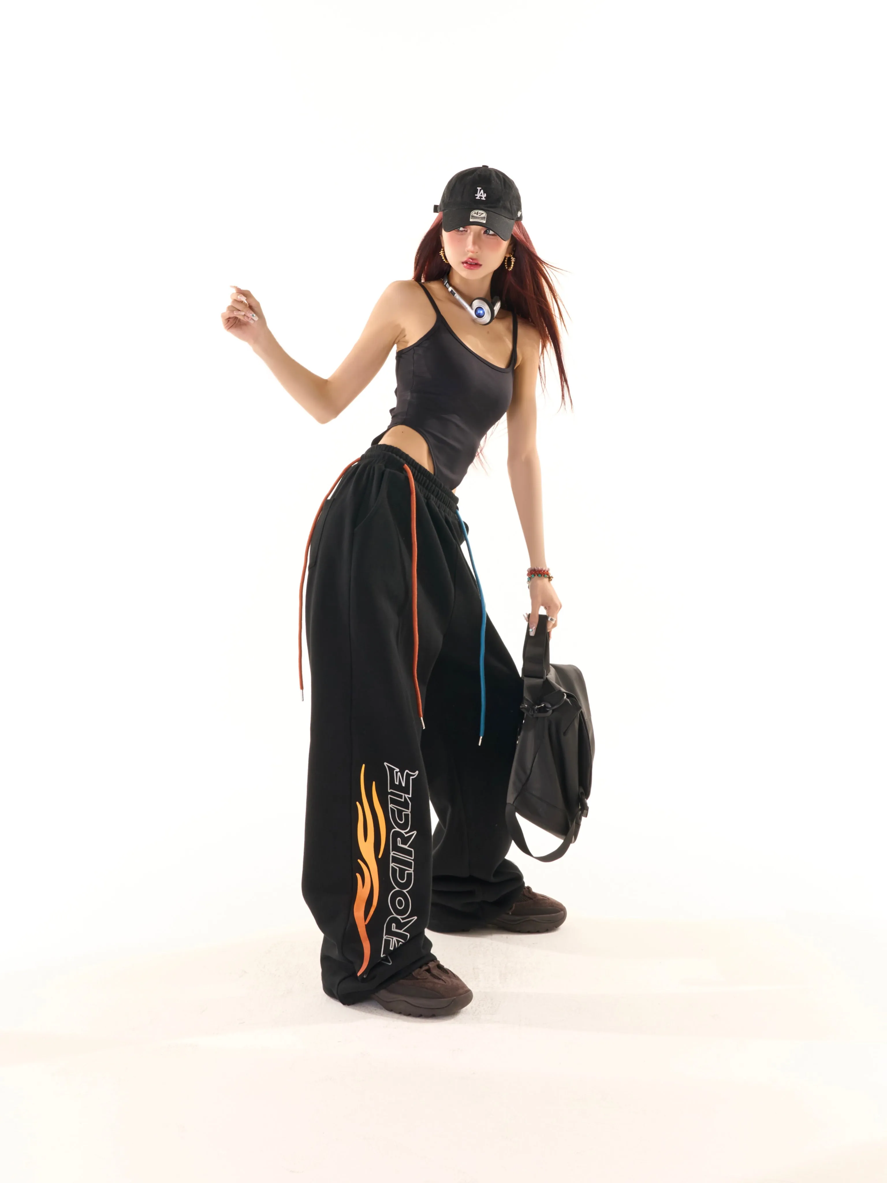 Zerocircle Black Wide-Leg Graphic Image Design High Waist Straight Leg Baggy Sweat Pants