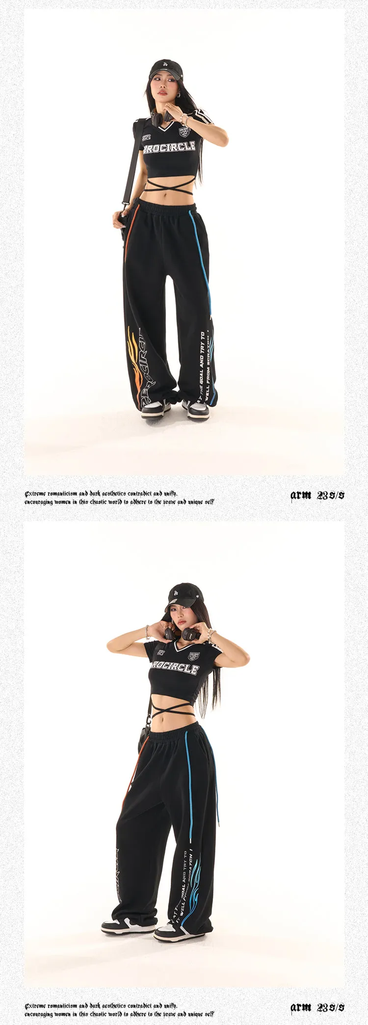 Zerocircle Black Wide-Leg Graphic Image Design High Waist Straight Leg Baggy Sweat Pants