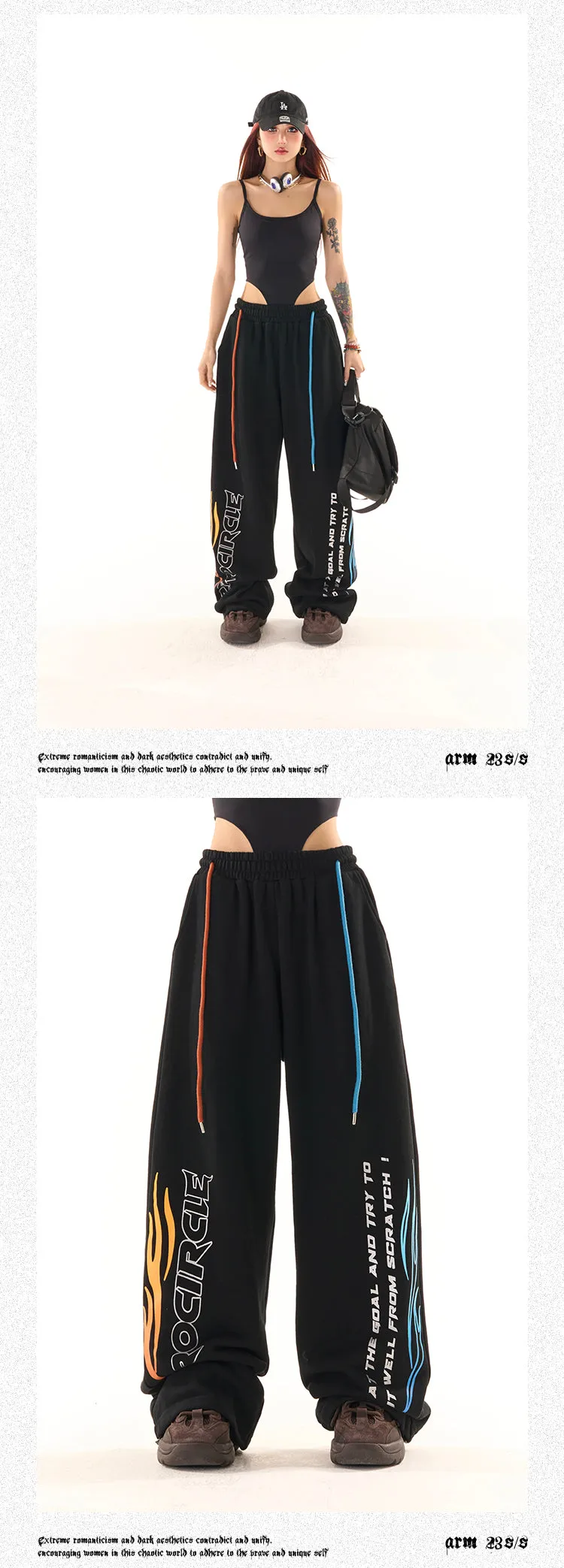 Zerocircle Black Wide-Leg Graphic Image Design High Waist Straight Leg Baggy Sweat Pants