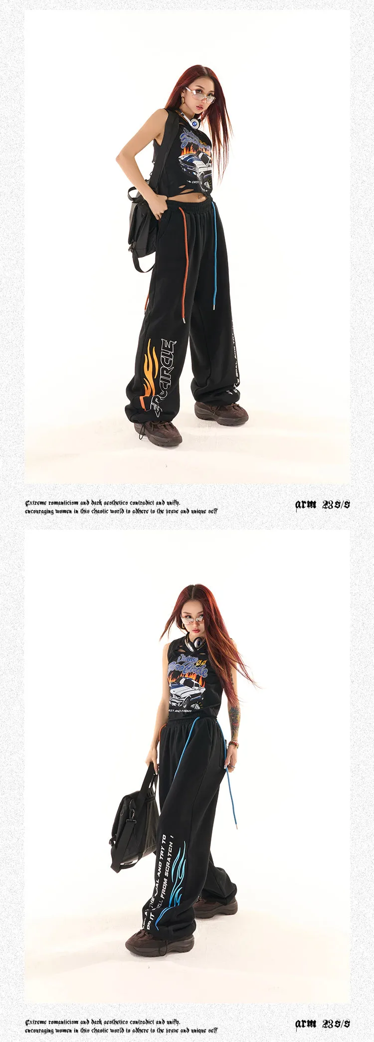 Zerocircle Black Wide-Leg Graphic Image Design High Waist Straight Leg Baggy Sweat Pants
