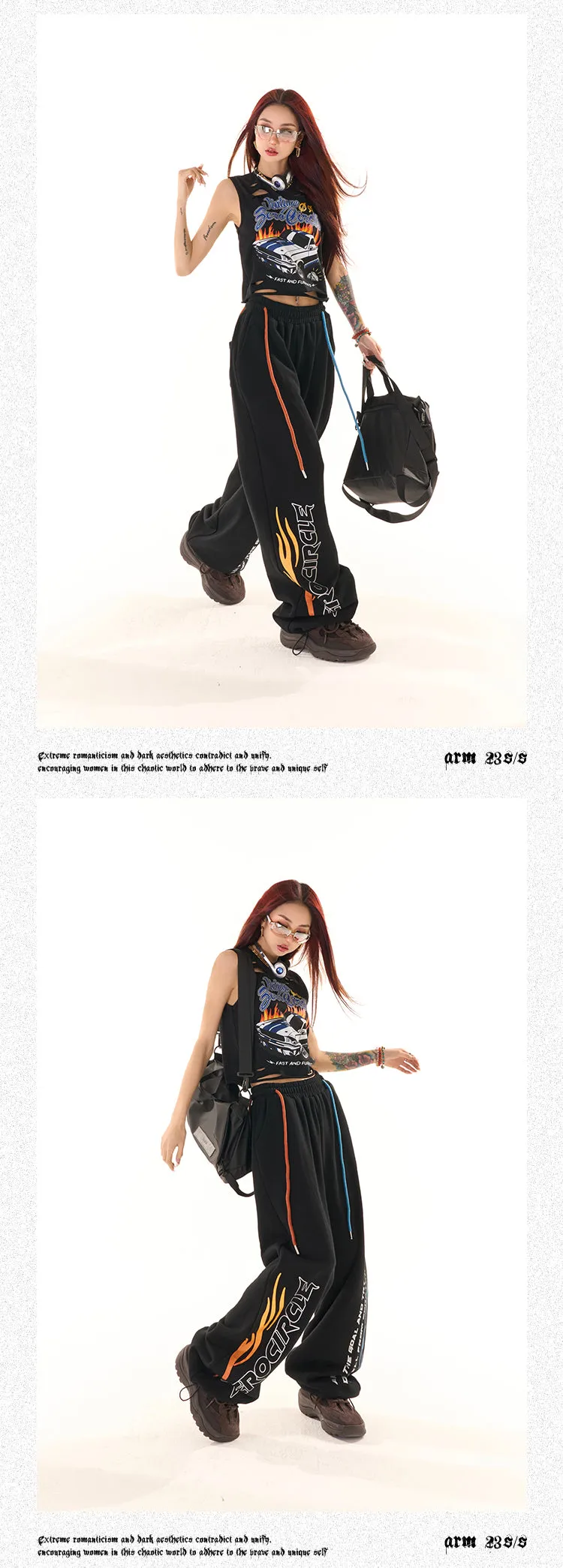 Zerocircle Black Wide-Leg Graphic Image Design High Waist Straight Leg Baggy Sweat Pants