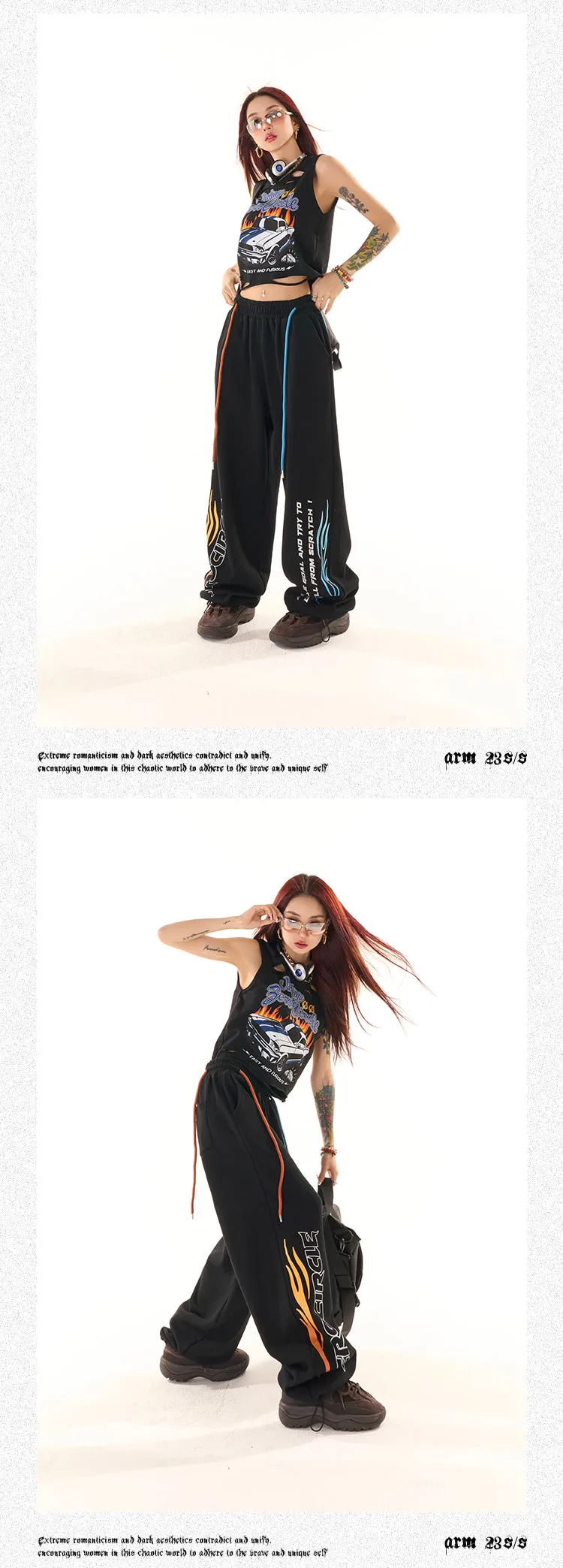 Zerocircle Black Wide-Leg Graphic Image Design High Waist Straight Leg Baggy Sweat Pants