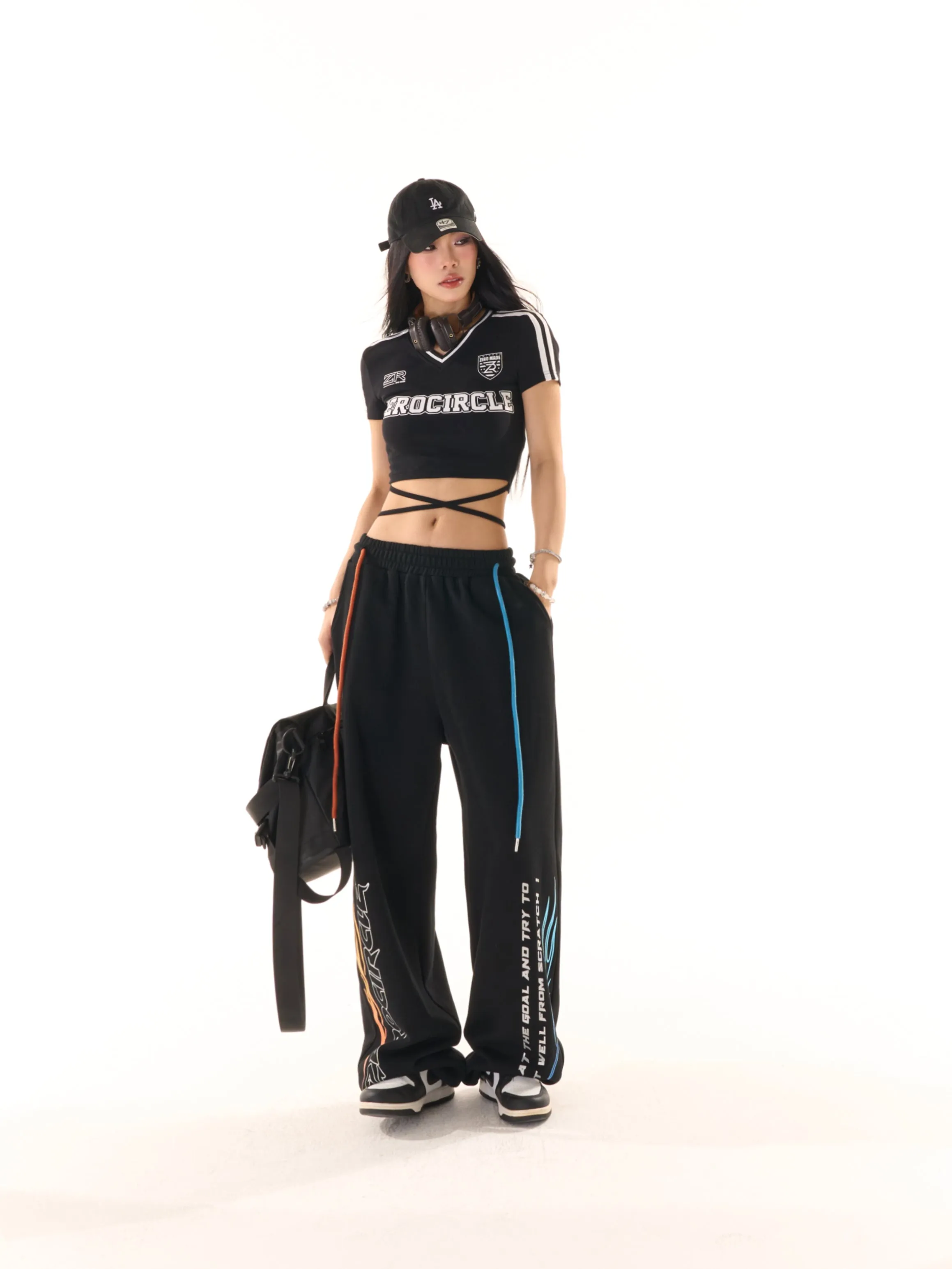 Zerocircle Black Wide-Leg Graphic Image Design High Waist Straight Leg Baggy Sweat Pants