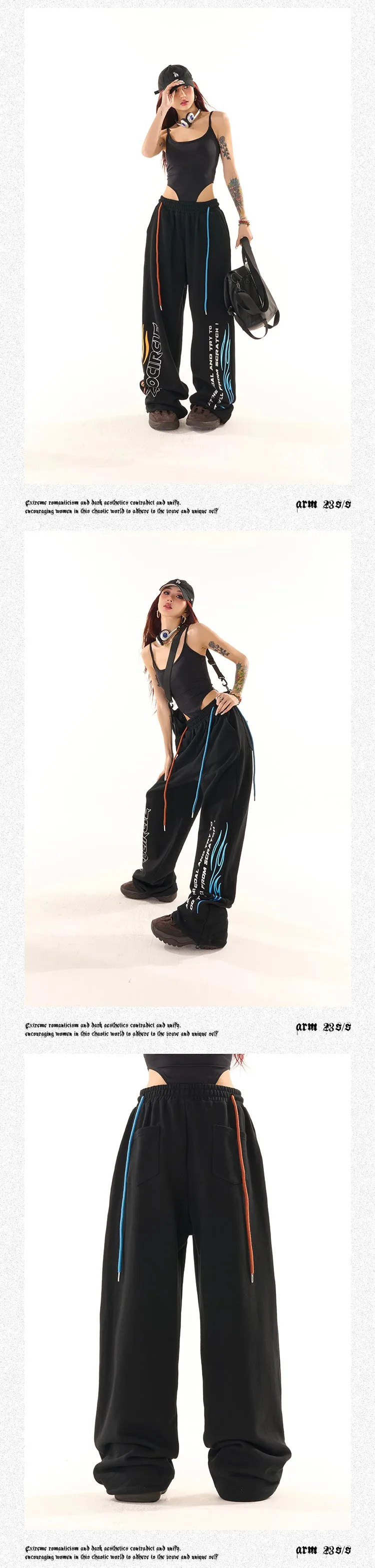 Zerocircle Black Wide-Leg Graphic Image Design High Waist Straight Leg Baggy Sweat Pants