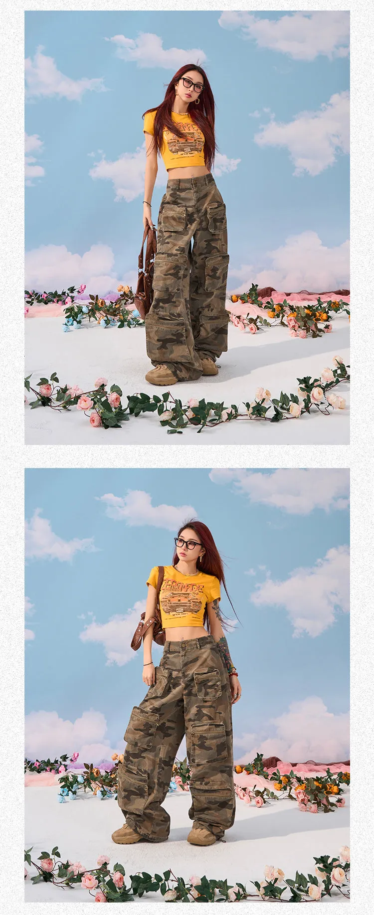 Zerocircle Camouflage Loose Multi-Pocket Straight Wide Leg Cargo Pants