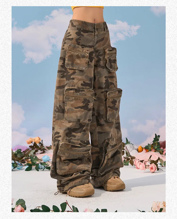 Zerocircle Camouflage Loose Multi-Pocket Straight Wide Leg Cargo Pants