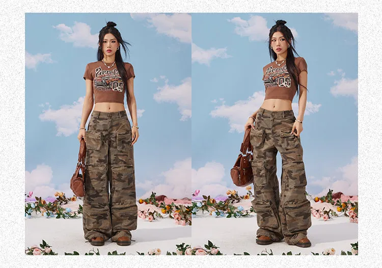 Zerocircle Camouflage Loose Multi-Pocket Straight Wide Leg Cargo Pants