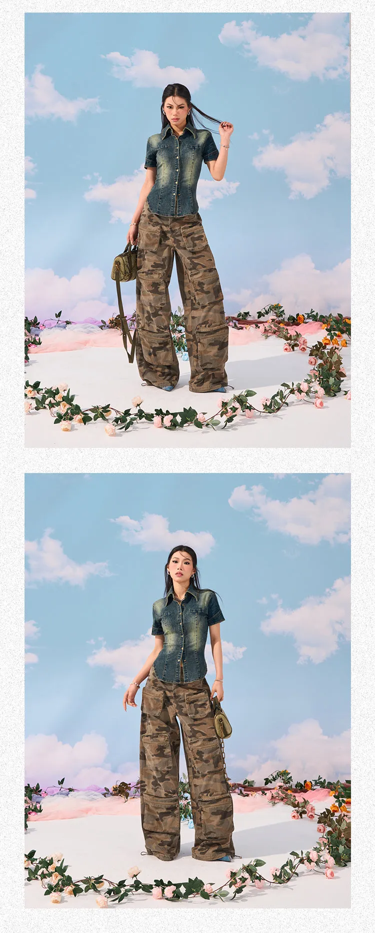 Zerocircle Camouflage Loose Multi-Pocket Straight Wide Leg Cargo Pants